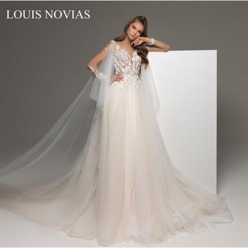 Louis Novias Long Sleeve Sexy Wedding Dress 2020 New Fashion Deep V-neckline Beading Appliques Floral Print Wedding Dress Turkey