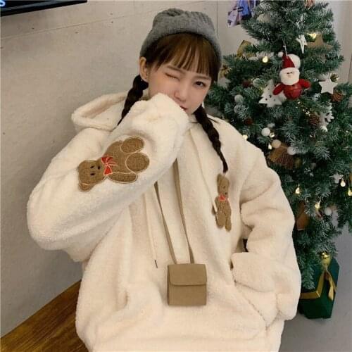 Autumn Winter Faux Fur Hoodies Korean Style Women Cute Bear Soft Loose Coat Pocket Pullover Warm Fleece Thick Hooded Outwear NEW