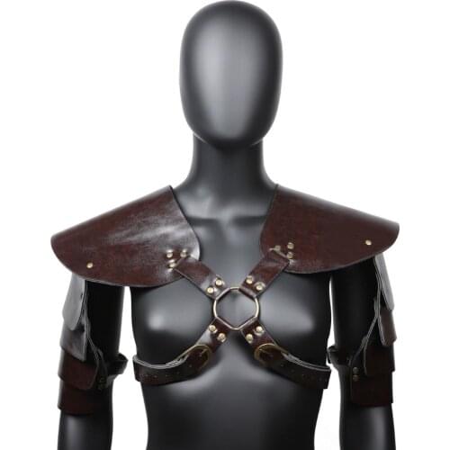 Unisex Brown PU Leather Vintage Armor Shawl Gothic Jacket Cool Rock Coat Steampunk Costume Accessories Halloween Props For Party