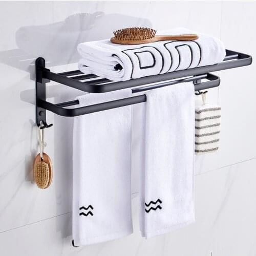 Towel Rack Aluminum Black Foldable Bathroom Hardware Bathroom Rack Free Punch Towel Rack Towel Holder Towel Shelf