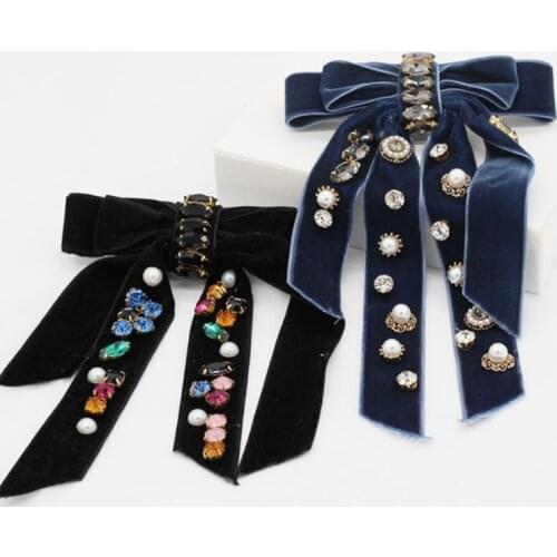 Womens Velvet Ribbon Bows Barrettes Imitation Pearl Rhinestone Beaded Hair Clips Handmade Ponytail Holder French Spring Hairpins