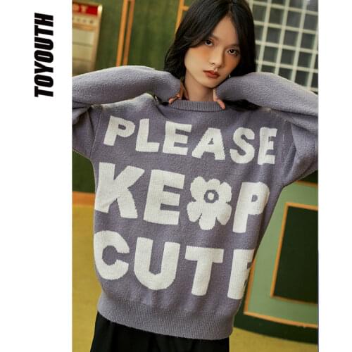 Toyouth Women Sweater 2021 Autumn Long Sleeve Loose Contrast Color Letter Flower Jacquard Casual Drop Shoulder Pullover Top