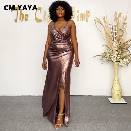 CM.YAYA Women Long Dress Solid Sleeveless Strap V-neck Splited Maxi Dresses Sexy Fashion Party Vestidos Summer Outfits 2021