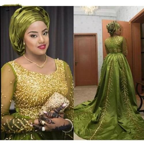 Robe de soirée Vintage Evening Dress With Sleeve vestido de festa longo Army Green Elegant African Evening Dresses Beaded Sequin