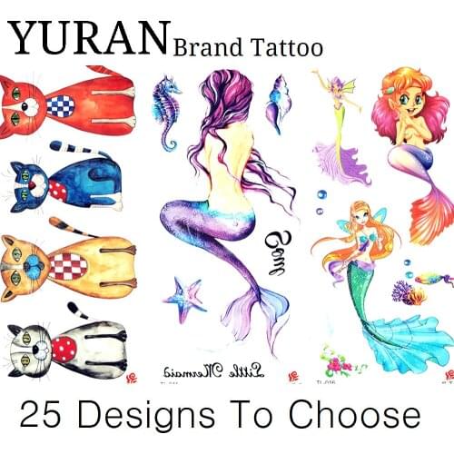Watercolor Temporary Tattoo Cartoon Cats Mermaid Sea Conch Tattoo Sticker Girl Children Kid Hand Face Fake Tatto Christmas Gifts