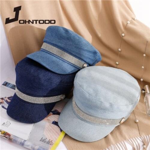 Brand Fashion Cap Women Duckbill Cap Denim Jean Flat Top Short Brim Rhinestone Cool Casual Cowboy Hat Ladies Headwear Beret Hat
