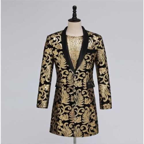 Black gold sequined suit mens jacket male мужские пиджаки singer male stage dance long clothes magician host performance