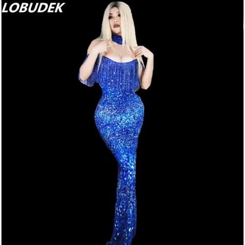 Flashing Sequins Blue Tassels Long Dress Female Singer Nightclub Bar Host Show Stage Costume Models Catwalk Elastic Skinny Dress