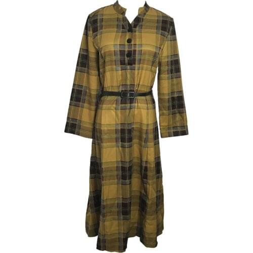 PERHAPS U Yellow Black Plaid Long Sleeve Sash Knee Length Dress Elegant Spring Autumn Fall V Neck Fit And Flare D0942