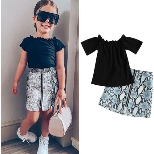 FOCUSNORM 1-6Y Fashion Kids Girls Clothes Sets Off Shoulder Short Sleeve Knit Tops Snakeskin Print Zipper A-Line Skirts