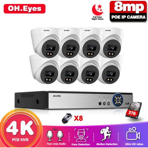 8CH 8MP Ultra HD CCTV NVR System Color Night Vision Security Camera kit 4K POE NVR H.265 Dome Two way Audio Surveillance Camera