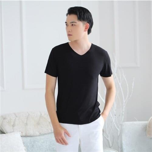 Summer Mens Modal Short Sleeve T-shirt V-neck Seamless Underwear Loose Breathable Undershirt Vest Home Service Top