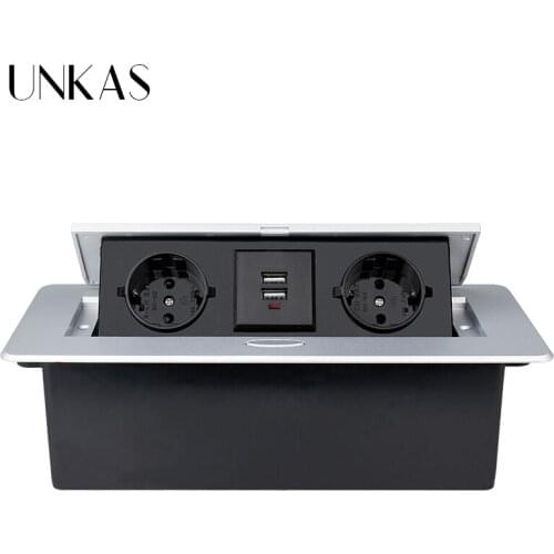 UNKAS Desktop Socket Table Outlet 2 3 DE EU FR Socket With USB Charging Slow Pop Up Black Silver Aluminum Alloy Cover