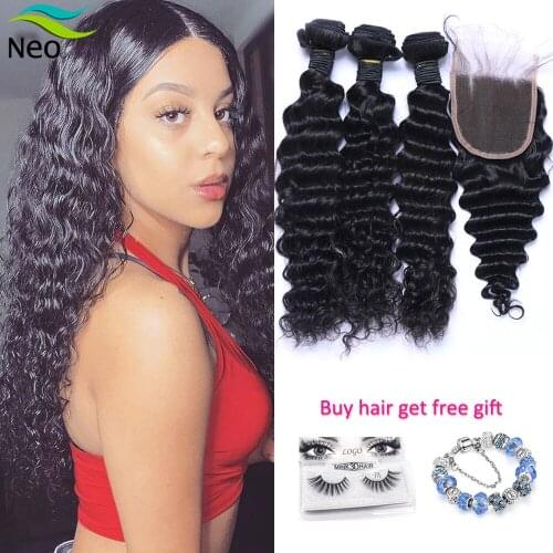 Neobeauty Brazilian Deep Wave Bundles with Closure 10A 3/4 Virgin Human Hair Bundles with Closure Free Shipping