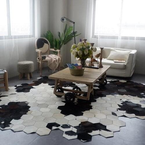 Irregular shaped diamond plaid cowhide fur handmade patchwork rug big size unique black and white fur decoration office carpet