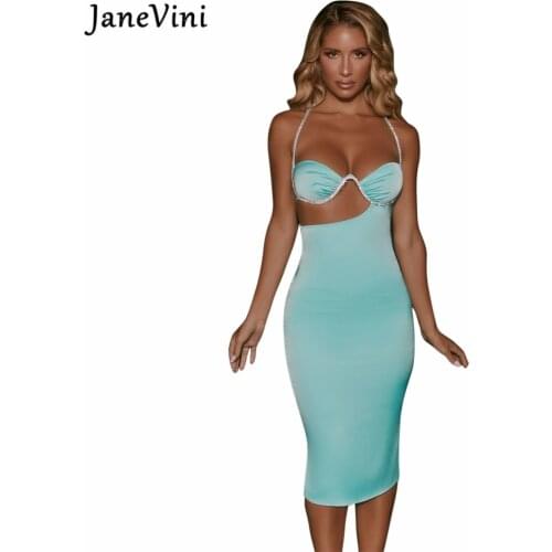 JaneVini New Fashion Blue Satin Bodycon Midi Dress Spaghetti Strap Diamond Summer Sexy Hollow Out Women Dresses Party Night Club