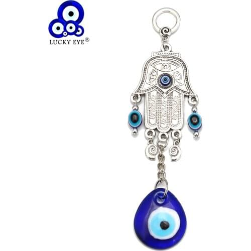 LUCKY EYE Fatima Hamsa Hand Blue Evil Eye Pendant Wall Hanging Alloy Key Chain Decorations for Office Home Living Room EY1066