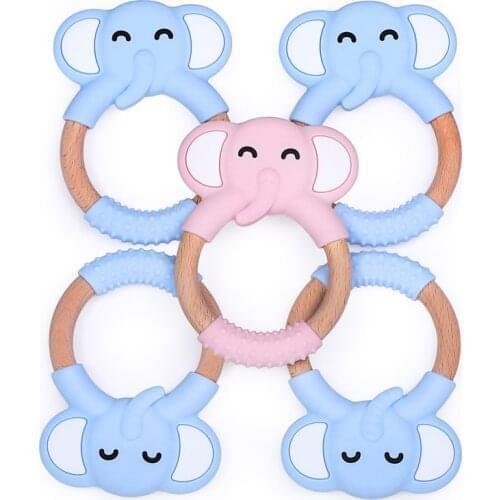 Chenkai 10PCS Baby Silicone Elephant Teether Wooden Ring Teething BPA Free For DIY Infant Chewable pendant Nursing Bracelet Toys
