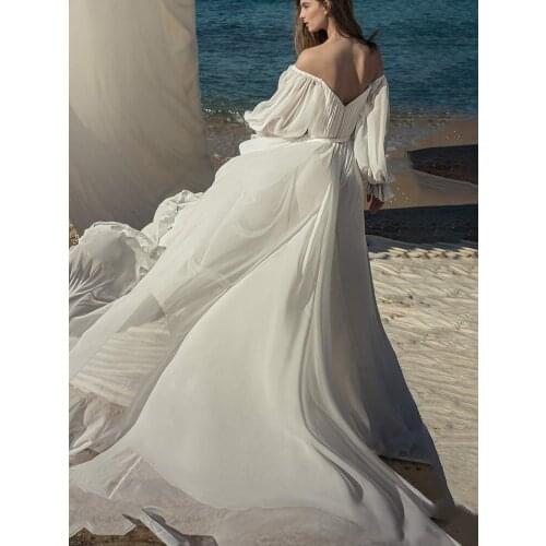 Off The Shoulder Chiffon Wedding Bridesmaid Dress Simple Ruched Pleated Beach Sexy A Line BacklessLong Puffy Sleeves Bridal Gown