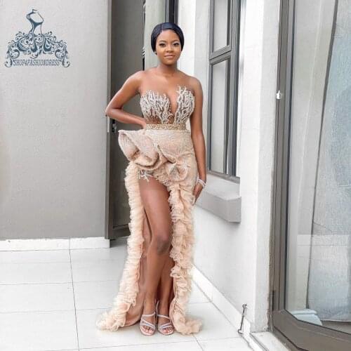 Sexy V-neck Sleeveless Crystals Prom Dress High Slit Tulle Ruffles Prom Gowns Aso Ebi Floor Length Event Party Dresses