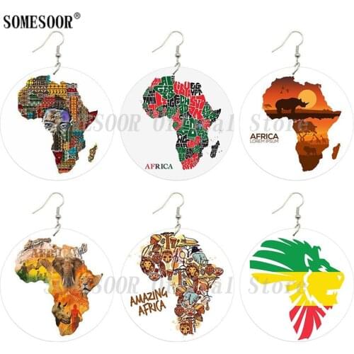 SOMESOOR Amazing African Map Designs Printed Wooden Drop Earrings Lions Elephant Black Tribal Ethnic Eco Animals For Women Gifts