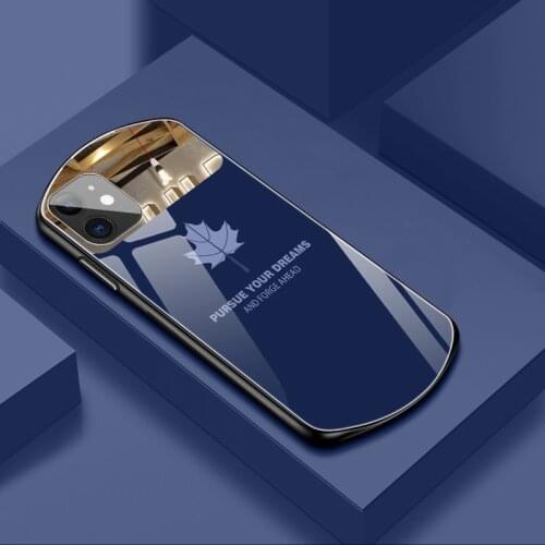 Luxury Cute Oval Maple Leaf Tempered Glass Phone Case For iPhone 12 11 Pro Max XSmax XR X SE 8 7 6 Plus Mirror Silicone Cover