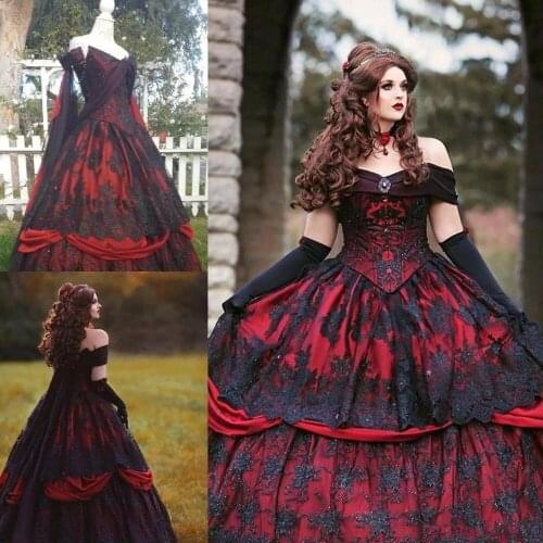 Vintage Red and Black Wedding Dresses 2021 Plus Size Lace Applique Lace-up Back Corset Top Gothic Sleeping Beauty Bride Gowns