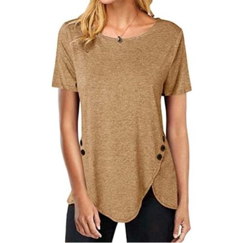 Oversized Loose T-shirt Women Short Sleeve O-neck Hem Asymmetrical Design Button Female Solid Streetwear Casual Tee Shirt Tops