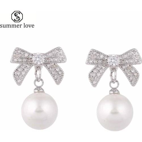 Korean Style Imitation Pearl Earrings for Women Luxury Brand Crystal Bownot Drop Earring Lady Fashion Party Wedding Jewelry