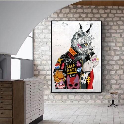 Animal Graffiti Art Smoking Cat Canvas Oil Paintings Wall Art Posters and Prints Wall Pictures For Living Room Home Wall Decor