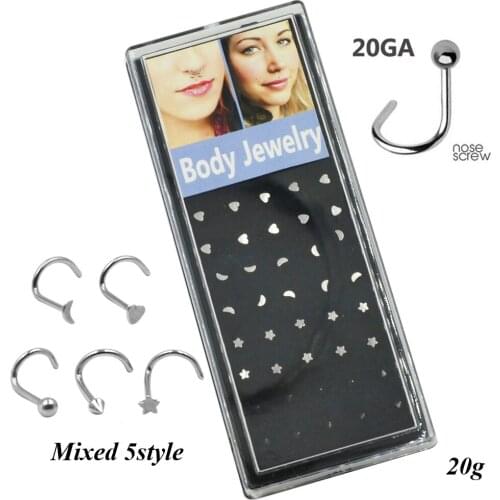 40piece Mixed Shaped Nose Screw Ring Piercing Bendable Nose Studs Jewelry Star Heart Moon Spike Ball Stainless Steel 20G Box Set