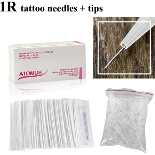 Atomus 50pcs 1r Needles And 50pcs 1r Tattoo Tips Needle Nozzles For Permanent Makeup Traditional Tattoo Needles For Eyebrow Lips
