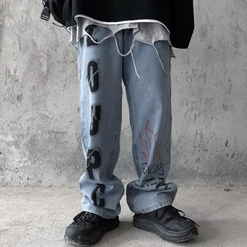 Harajuku Flame Print Jeans Women Streetwear Jeans Vintage Washed Jeans Fashion Jeans Loose High Waist Pants Casual Man Jeans
