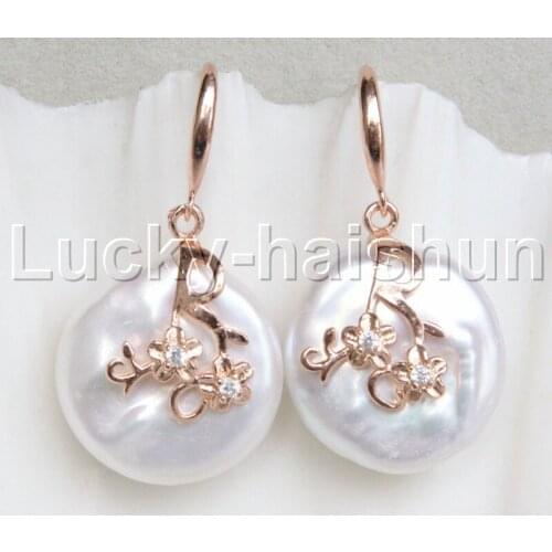 JQHS Super Luster 20mm Dangle coin bleb fastener white pearls Earrings 925 silver hook j13108