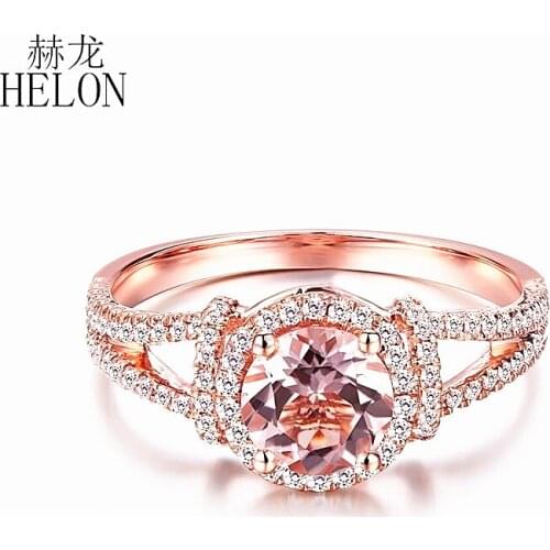 HELON Solid 10K Rose Gold Flawless Round 6mm Natural Morganite Diamonds Engagement Wedding Ring Women Fine Jewelry Diamonds Ring