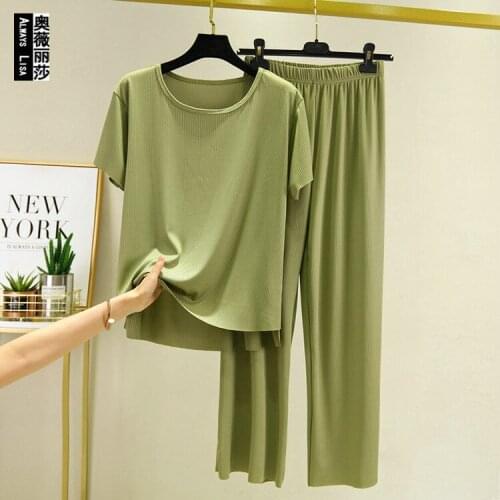 Modal Short-sleeved round Collar T-shirt Female Summer Thin Slimming Tops Pants Set Home Pajamas Outer Wear Two-Piece Set