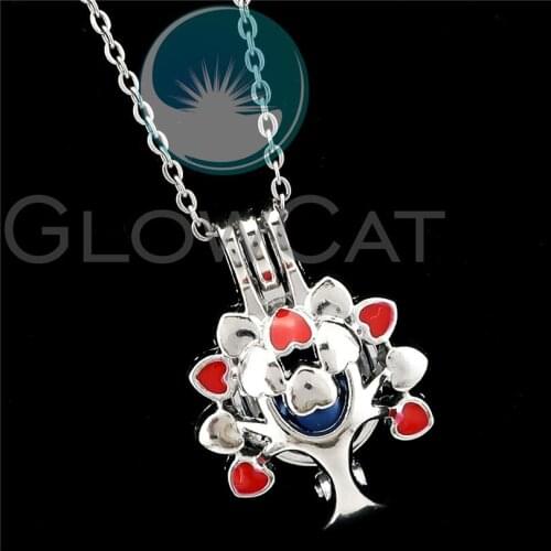 Red Flower Tree Beads Cage Pendant Perfume Diffuser Pearl Cage Colors Enamel Locket Necklace R-K1121