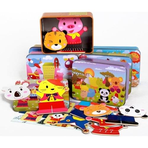 Multifunctional Iron Box Magnetic Dinosaur Animal Transportation Wood Puzzle Creative Change Clothes Early Education Toy
