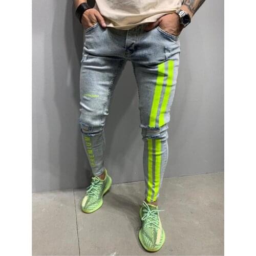 Mens Skinny Ripped Jeans Slim Moto & Biker Pencil Pants Side Stripe Letter Printing StreetwearJogging Denim Costume Men