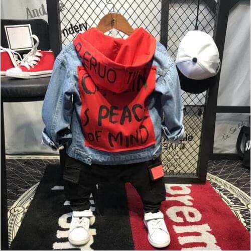 New childrens clothing set boy cotton baby denim hoodie + T-shirt + pants 3 sets of male baby spring and autumn set 2-6 years