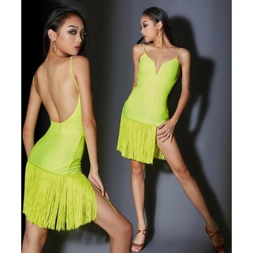 Latin Dance Dress Sexy Backless Fringed Dress Professional Adult Practice Clothes Dress With Chest Pad Performance Dress DN9703