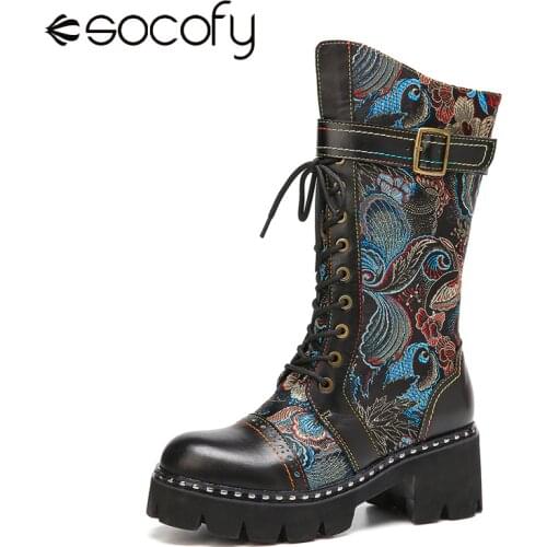 SOCOFY Retro Style Boots Buckle Strap Decor Flowers Cloth Leather Splicing Comfy Fashion Mid-calf Boots Casual Botas Mujer 2020