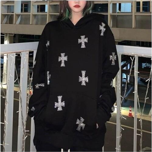 Rhinestone Gothic Streetwear Long Sleeve Black Harajuku Sweatshirt Women Hip Hop Joggers Pullover Korean Fashion Punk Pullover