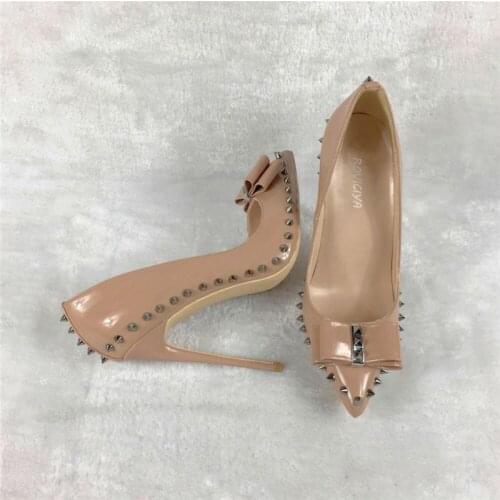 Dark nude rivets 12cm extreme high heels women shoes bow black red pointed toe shallow sexy women pumps plus size MD002 CHENSIR9