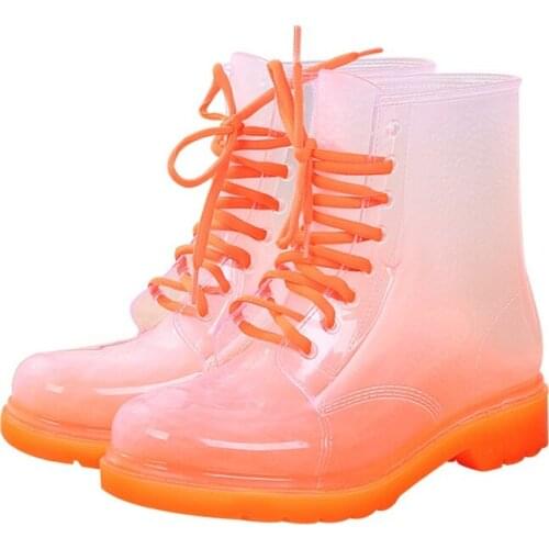 Women Rain Boots Mature Lady Lace Up Waterproof anti-slip Lady Shoes Transparent Candy Color Ankle Outdoor Girls Wading Shoes