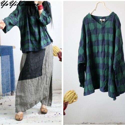YoYiKamomo 2018 Women Cotton Linen Plaid Blouse Big Size Original V-neck Loose Vintage Coat Shirt Casual Women Tops