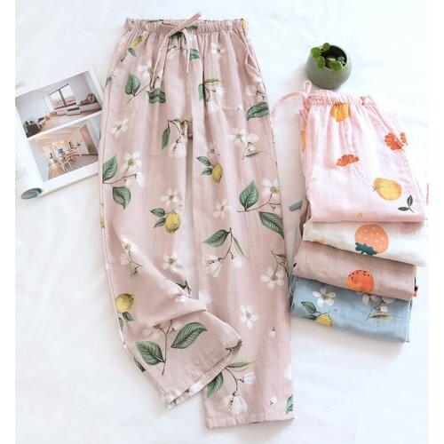Japanese Sleepwear Women Sleep Pants Spring Summer Pure Cotton Gauze Double-layer Home Pants Thin Loose and Simple Fluffy Pants