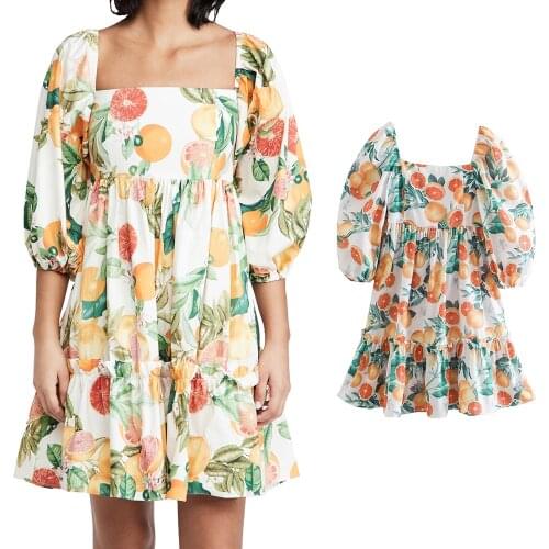 Women Dress Za Fashion Graffiti Print Puff Sleeve Mini Dress Ruffles Trim Elastic Vintage Spring Dresses Female Summer Vestidos