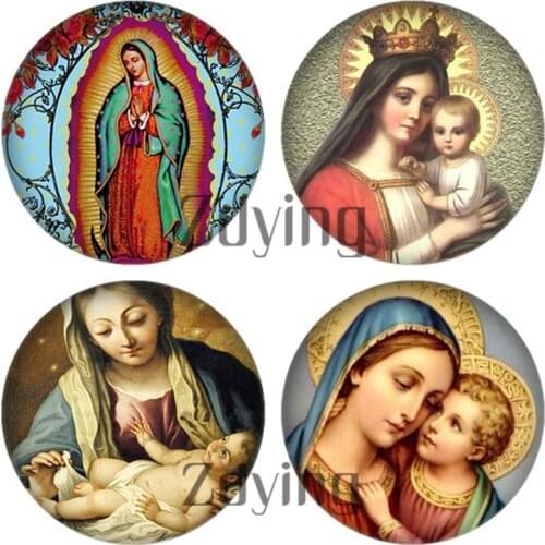 10pcs Round Glass Cabochon Angel Baby Virgin Mary Pattern Glass Dome Demo Flat Back Making Jewelry Findings For Badge Keychain