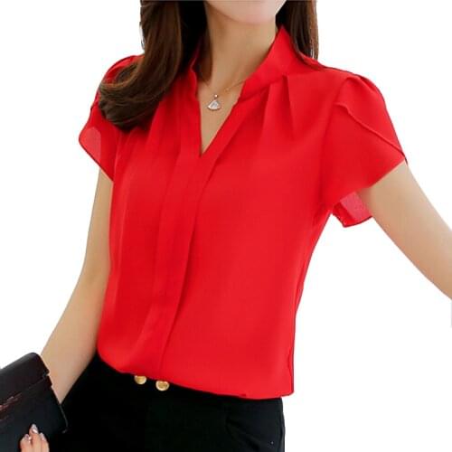 2021 Women Shirt Chiffon Blusas Femininas Tops Short Sleeve Elegant Ladies Formal Office Blouse Plus Size Chiffon Shirt Clothing